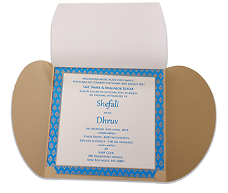 Beige colour Gate fold Royal Indian wedding invitation with golden elephants