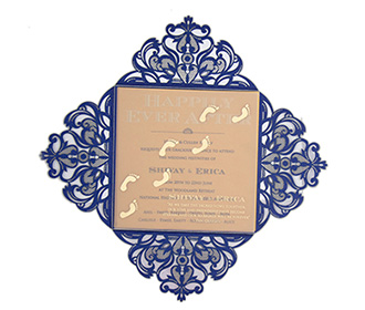 Four fold laser cut wedding invitation in royal blue colour