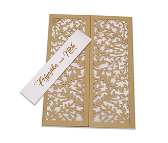 Multifaith wedding card with intricate laser cut leaf design in golden